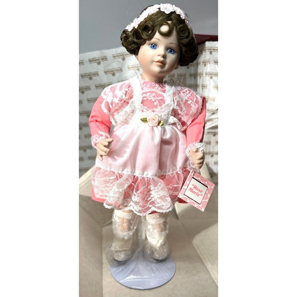 Ashton-Drake Galleries "Rose Marie" Porcelain Doll In Pink Dress & Lace Apron Wi